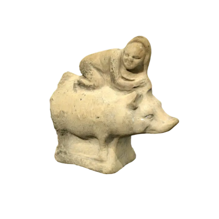 Ancient Greek clay sculpture "child riding a pig" 3D model preview on Freecreat