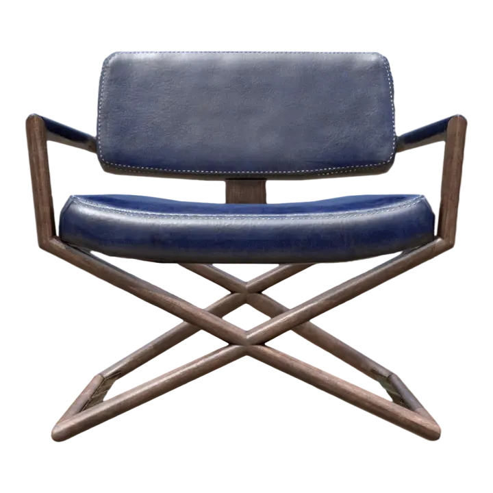 Old Vintage dark blue Leather Soft Bag Solid Wood Backrest Chair Casual Armchair 3D model preview on Freecreat