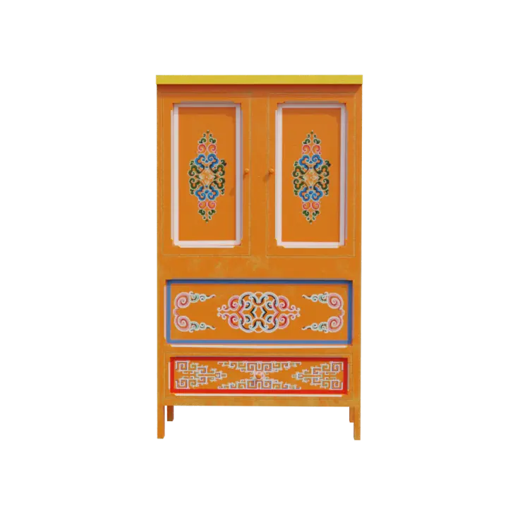 Ethnic style Tibetan style painted bookshelf, home display cabinet, study room, tea room, storage cabinet, dining cabinet 3D model preview on Freecreat