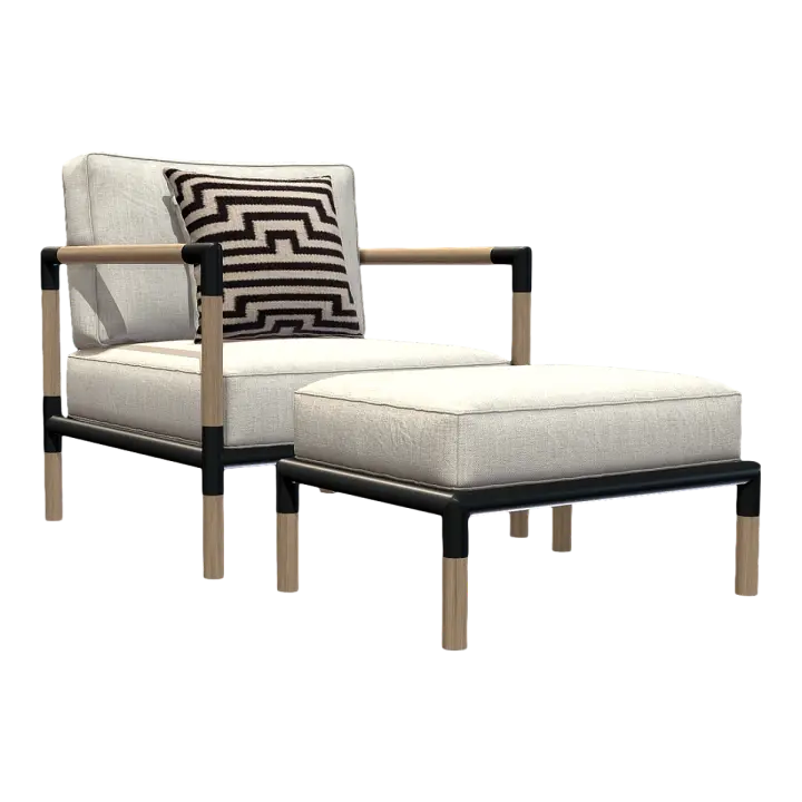 Nordic Solid Wood Beige Fabric Sofa Chair Armchair Footstool Low Stool 3D model preview on Freecreat