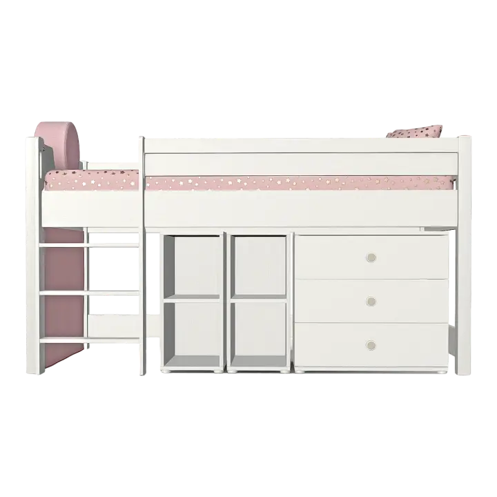 Modern Solid Wood White Paint Multifunctional Ladder Storage Cabinet Drawer Cabinet Elevated Bed Pink Children's Bed 3D model preview on Freecreat