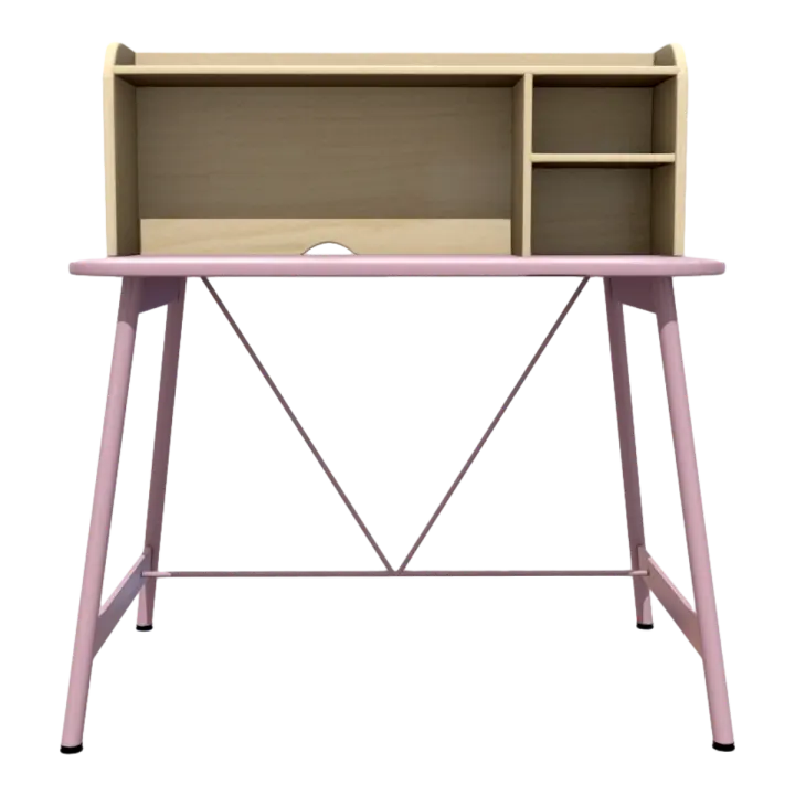Office Learning Oak Solid Wood Shelf Pink Metal Desk Study Table 3D model preview on Freecreat