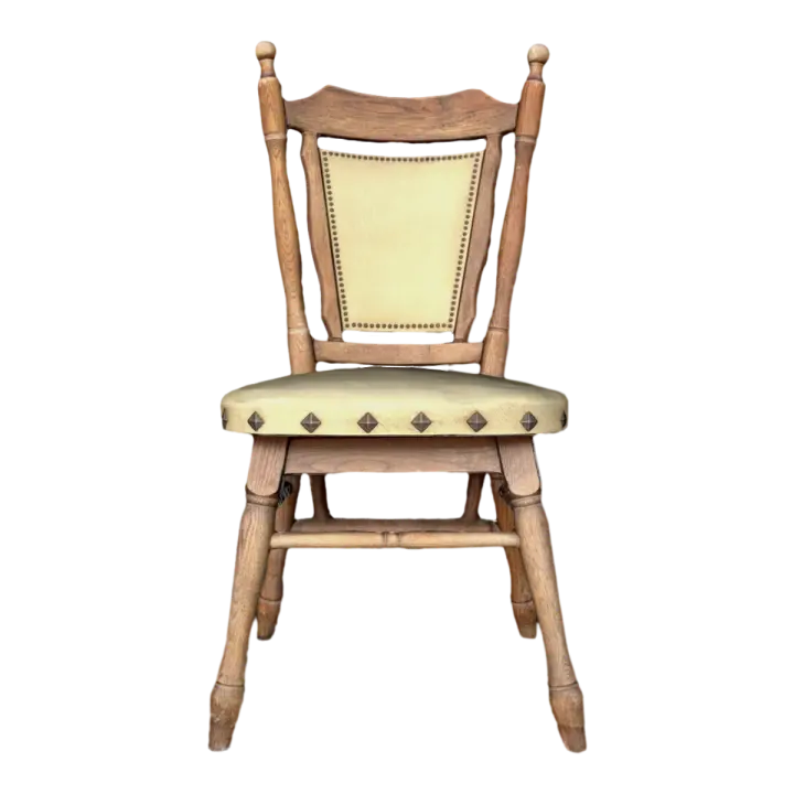 French Classical Metal Parts Oak Solid Wood Yellow Leather Backrest Cushion Single Chair 3D model preview on Freecreat