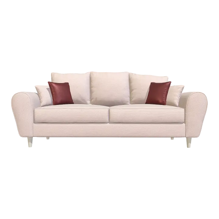 Nordic living room metal sofa with cherry colored fabric legs, double backrests, armrests, and armchairs. Sofa 3D model preview on Freecreat
